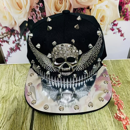 1pc Men'S Fashion Hip-Hop Street Dance Punk Baseball Cap, Lightweight Polyester, Non-Stretch Fabric, Street Style with Skull and Wings Design