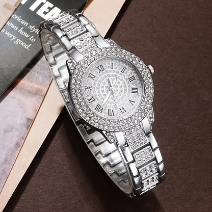 Fashionable Women's Quartz Watch Set With Rhinestones - Stainless Steel Band, Round Zinc Alloy Case, Pointer Display, Non-Rechargeable Battery - Includes Elegant Bracelet, Timer Function - 4 Piece Gift Set For Valentine's, Ea