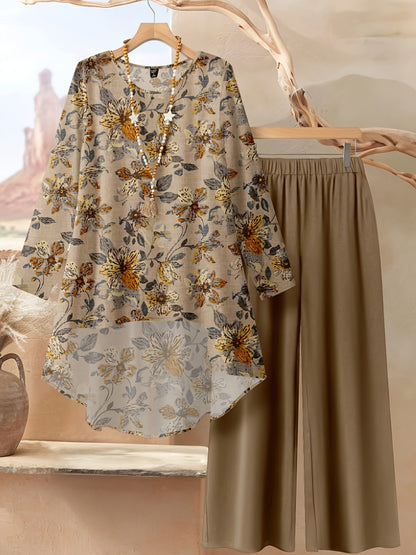 Women's Elegant Casual Floral Print Long Sleeve Top and Loose Pants Two-Piece Set