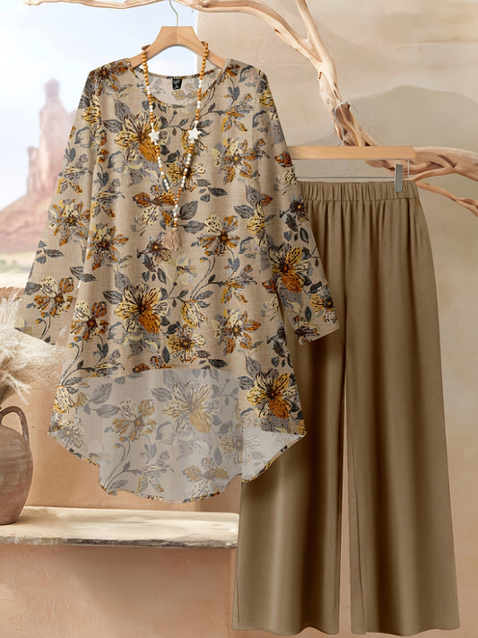 Women's Elegant Casual Floral Print Long Sleeve Top and Loose Pants Two-Piece Set