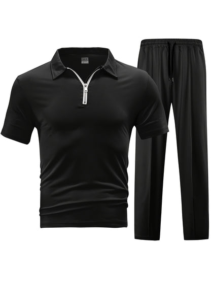 New Spring Fashion Casual Polo Shirt Zipper Men'S Casual Sports Long Pants Short Sleeve Two-Piece Set
