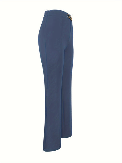 Elegant Women's Navy Blue Straight-Leg Pants with Golden Metal Accent Buttons - Chic & Versatile, High-Waisted, Polyester Blend, Machine Washable - Perfect for Work & Everyday Elegance