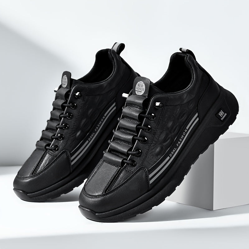 Men's Breathable Casual Sneakers - Comfortable, Versatile & Stylish Shoes for Running, Sports & Casual Attire, Black with White Accents, PU Upper & PVC Sole, Round Toe, Lace-Up Design, All-Season Use