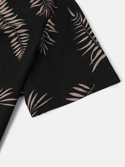 2-piece Men's Holiday Style Summer Outfit Set, Leafs Pattern Print Short Sleeve Button Up Lapel Shirt Top & Solid Drawstring Shorts With Pockets