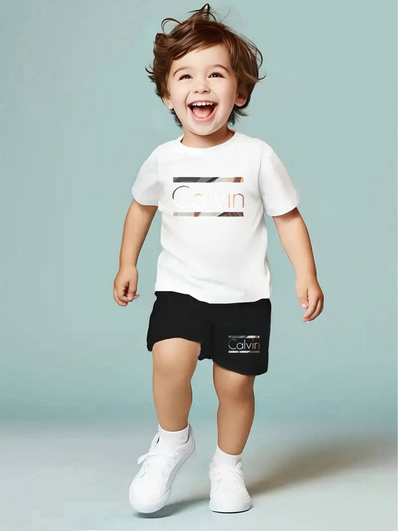 2pcs - Youngsters' Short Sleeve Shorts Set - Street Style Casual "Calvin" Letter Print, Vibrant Design - Summer Outdoor Outfit, Polyester Fabric, Comfortable for All Seasons, Daily Wear | Lively Printed Top | Stretchy Materia