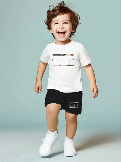 2pcs - Youngsters' Short Sleeve Shorts Set - Street Style Casual "Calvin" Letter Print, Vibrant Design - Summer Outdoor Outfit, Polyester Fabric, Comfortable for All Seasons, Daily Wear | Lively Printed Top | Stretchy Materia