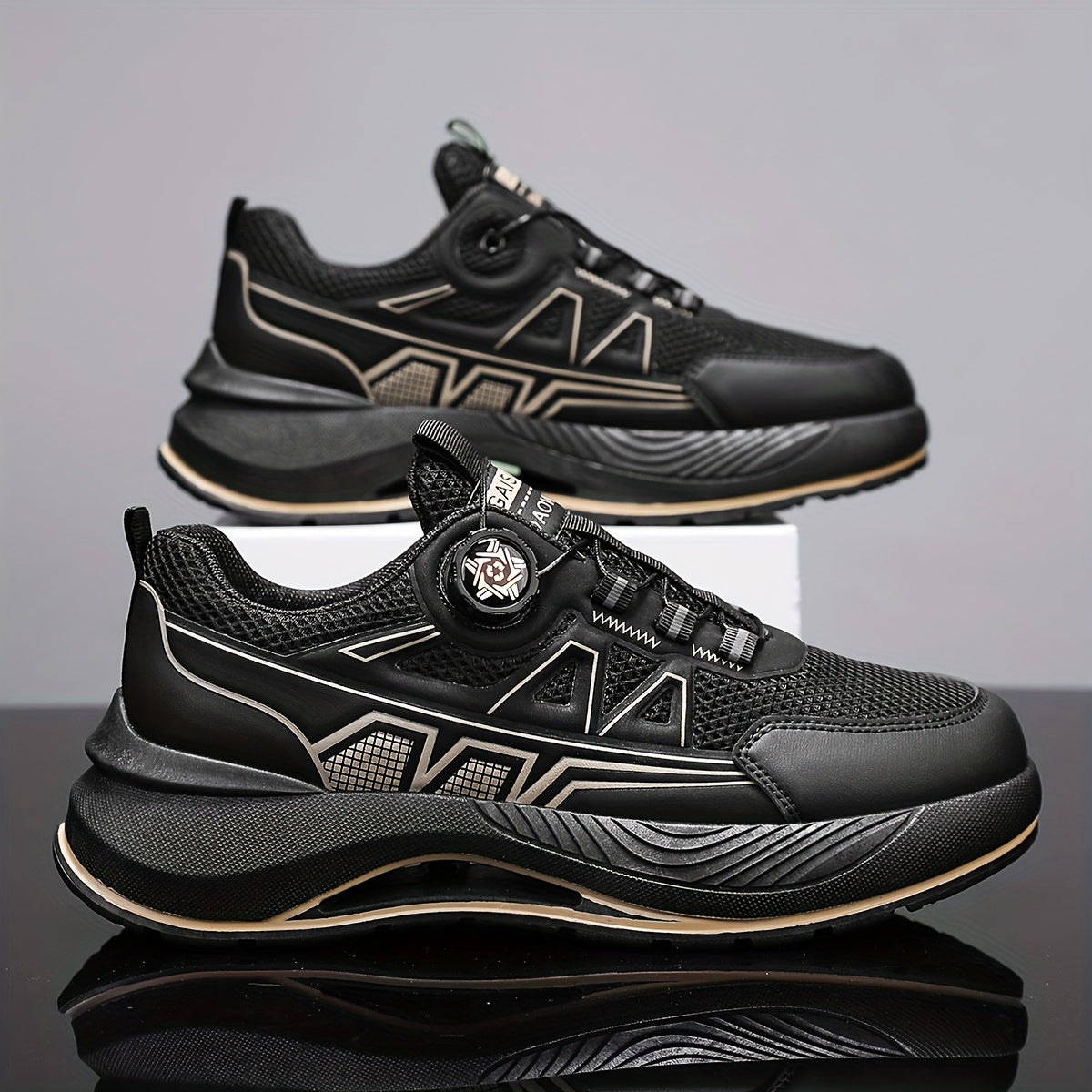 Men's 2025 New Casual Athletic Running Shoes - Thick-Sole Hiking & Basketball Sneakers with Breathable PU/Fabric Upper, Durable PVC Outsole, Beige/Black Colorway for Outdoor, Streetwear & Everyday Comfort, Round Toe Design |