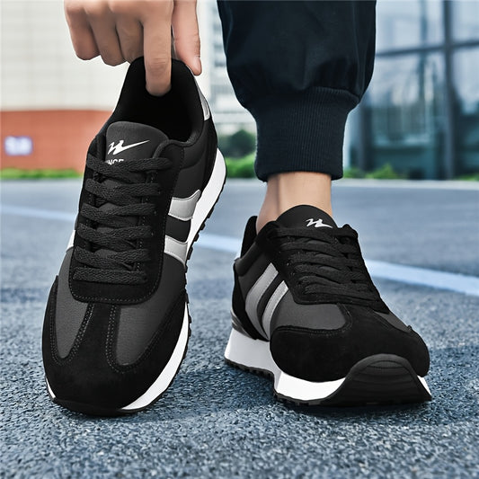 AOPLUS Men's Breathable Casual Running Shoes - Lightweight Low-Top Sneakers with PU Upper & Rubber Sole, Black & White Design for Training, Gym, Casual Attire