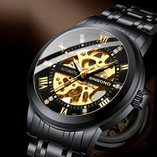 Stylish Men'S Fashion Casual Hollow Out Movement Mechanical Watch Waterproof Luminous Automatic Mechanical Watch, Without Battery