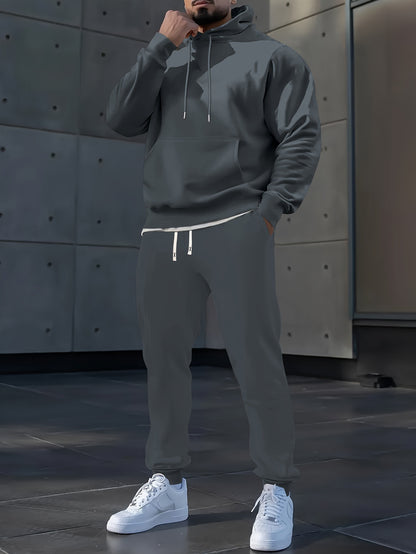 Men's Long Sleeve Hooded Sweatshirt + Threaded Sweatpants Set Spring and Autumn Solid Color Pullover Regular Long Sleeve T-shirt and Pants Belt Drawstring Casual Sports Trousers Two-piece Set