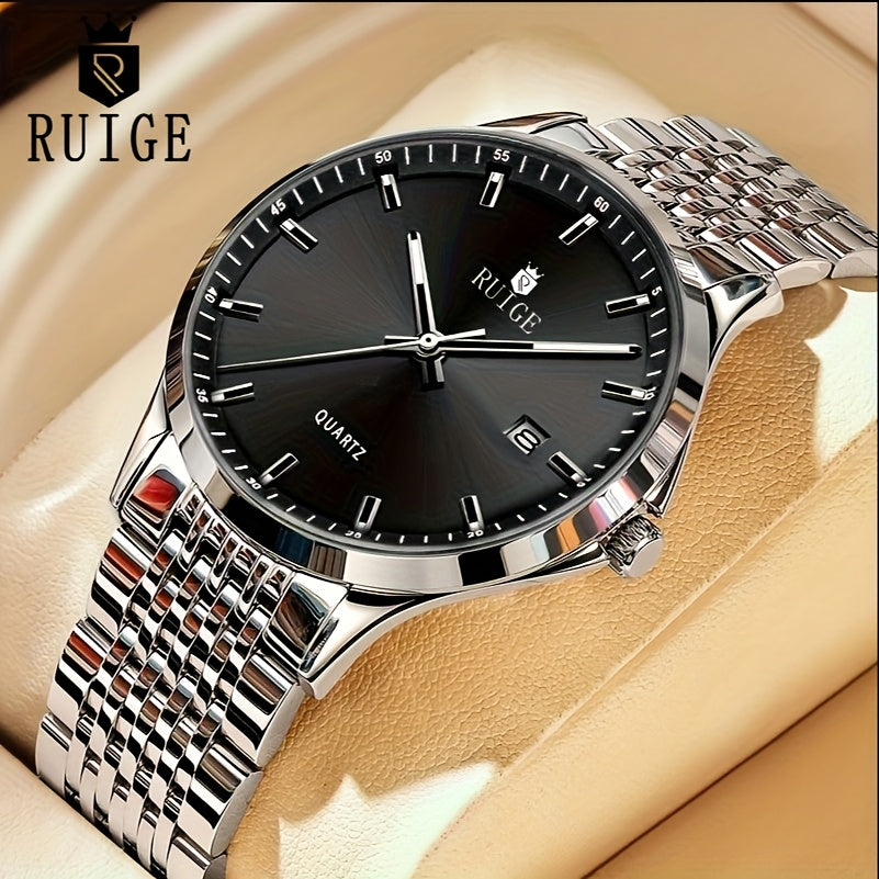 RUIGE Men's Sleek Quartz Watch - Stainless Steel Band, Simple Design with Date Display & Night Light Feature, Casual Wristwatch for Casual Attire