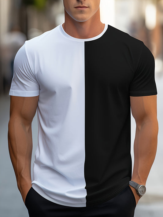 Men'S Fashion Casual Crew Neck Short Sleeve T-Shirt, Polyester Blend, Slight Stretch, Solid Color, Summer, Regular Fit, Knit Fabric, 180g/m², with Embellished Graphic for Adult