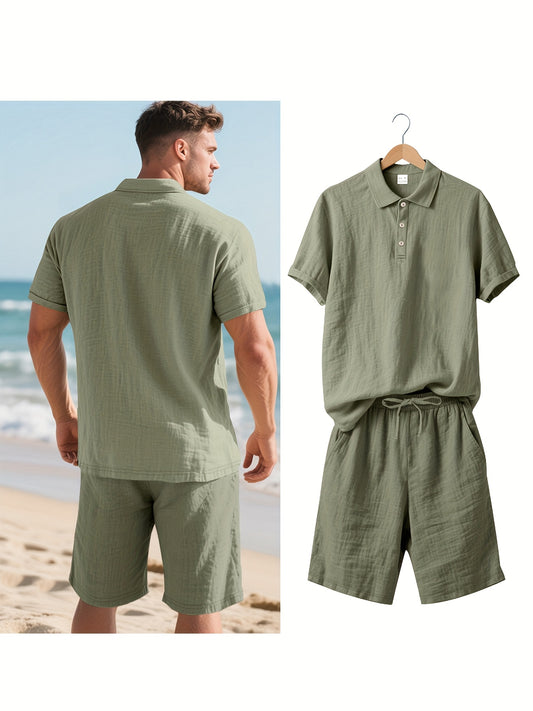 Essential for a Cool Summer! Men's Linen Shirt & Shorts Set, Comfortable Casual Outing Choice - Simple Beach Vacation Style Solid Color Linen