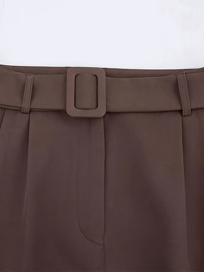 1pc Elegant Women'S Long Pants - Polyester Straight-Leg Trousers with Belt, Zippered Closure, Casual Loose-Fit for Spring/Autumn