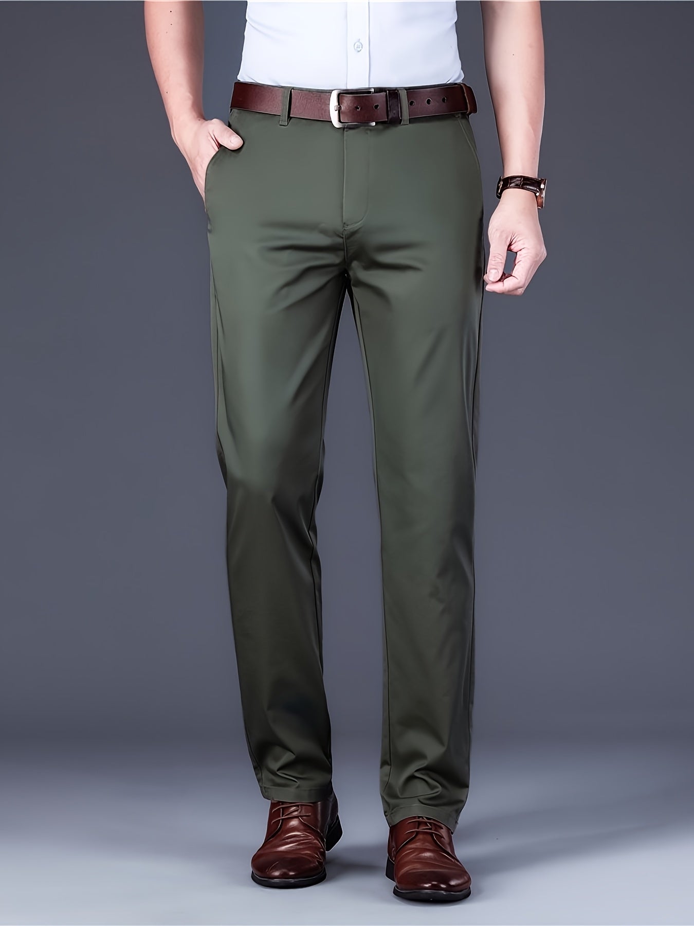 [Durable Build] Men's All-Season Casual Dress Pants - Business Style Stretch Trousers, Comfortable Classic Design, Light Brown Polyester Blend, Machine Washable, Smooth Finish, Regular Fit for Office or Leisure Wear