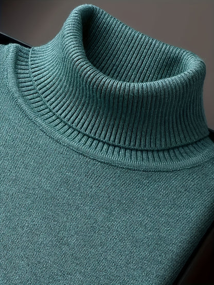 Men's Sleek Light Blue Turtleneck Sweater - Casual Knit Pullover with Ribbed Cuffs, Long Sleeves for Fall/Winter, Soft Viscose Blend