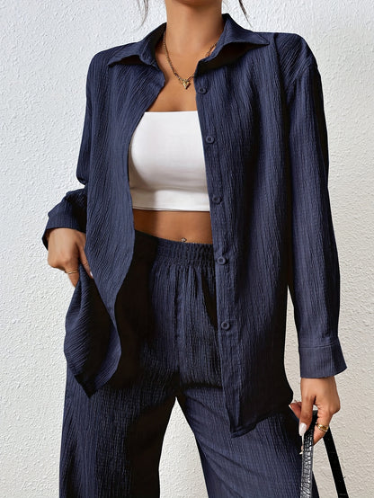 2pcs Women Spring & Autumn Casual Solid Color Long Sleeve Shirt And Pants Set
