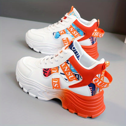 Women's Letter Design Chunky Sneakers, Fashion Lace Up Outdoor Shoes, Comfortable Low Top Sport Shoes