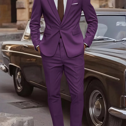 2pcs Men's Elegant Business Casual Suit Set - Includes Classic Lapel Blazer & Dress Pants, Polyester/Rayon Blend, with Pockets - Perfect for Weddings & Formal Occasions