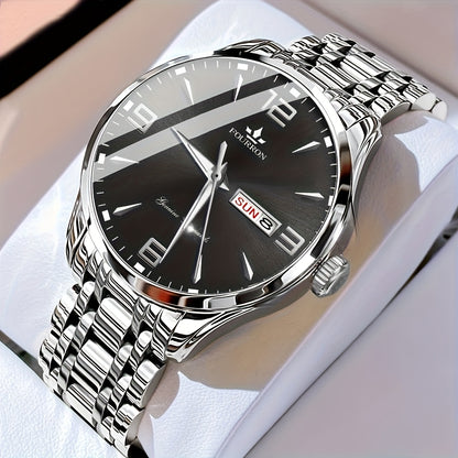 1pc New FOURRON Men's Stainless Steel Strap Quartz Watch - Large HD Scratch Resistant and Wear-Resistant Dial, IPX7 Waterproof, Luminous, Date & Calendar Function, Silent Movement, Stylish Gift for Him