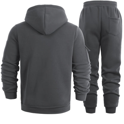 2pcs Men's Solid Color Hooded Long Sleeve Sweatshirt and Jogger Set, Suitable for Spring, Autumn, and Winter Sports Casual Outfit