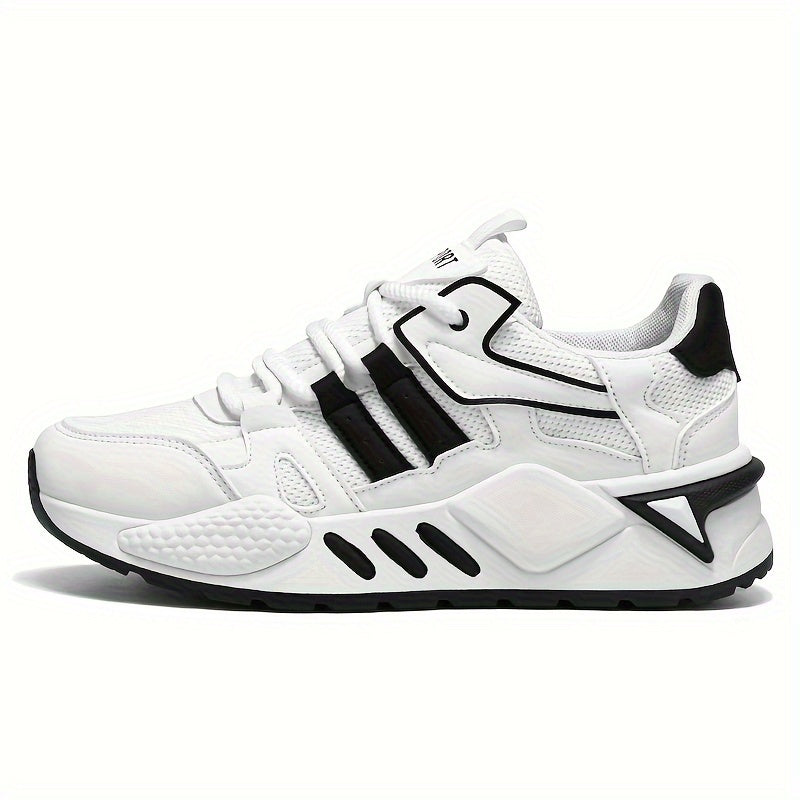 Men's Low-Top Skate Sneakers - White/Black Accent Lace-Up Shoes, Cushioned EVA Insole & Non-Slip Rubber Outsole for All-Season Urban Streetwear, Gym, Everyday - Breathable PU Upper Casual Shoes, Gym Footwear, Street Style, Du