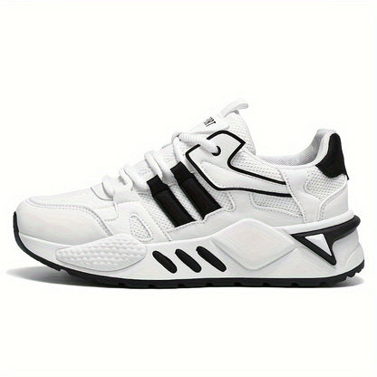Men's Low-Top Skate Sneakers - White/Black Accent Lace-Up Shoes, Cushioned EVA Insole & Non-Slip Rubber Outsole for All-Season Urban Streetwear, Gym, Everyday - Breathable PU Upper Casual Shoes, Gym Footwear, Street Style, Du