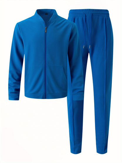 Baseball Collar Jacket and Pants Set in Waffle Fabric