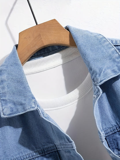 1pc Men'S Casual Slim-Fit Cotton Denim Jacket, Solid Color Lapel Collar with Pockets, Woven Non-Stretch Fabric, 80% Cotton 20% Polyester