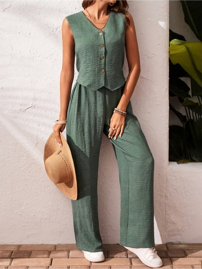 Women'S Elegant Solid Color Sleeveless V-Neck Two-Piece Set - Casual Summer Jumpsuit with Button Placket, Wide Leg Pants, and Beige Wedge Sandals, Casual Attire|Vneck Jumpsuit|Elegant Jumpsuit
