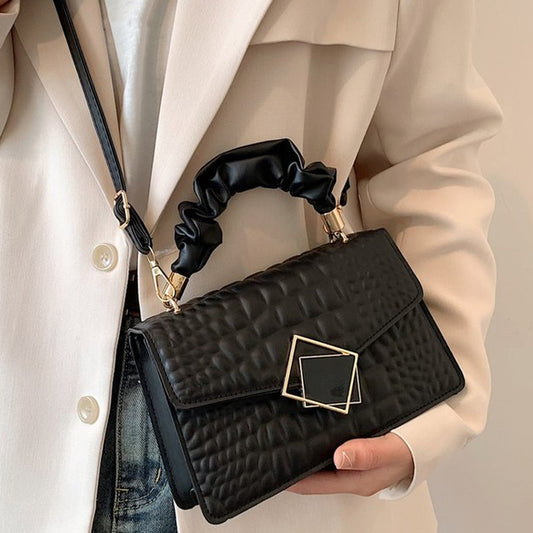 Fashion Embossed Crossbody Bag with Pleated Handle - Women'S Solid Color Stylish Shoulder Bag, Plain Crossbody Bag with Pleated Handle, Small Square Bag in Stone Pattern.
