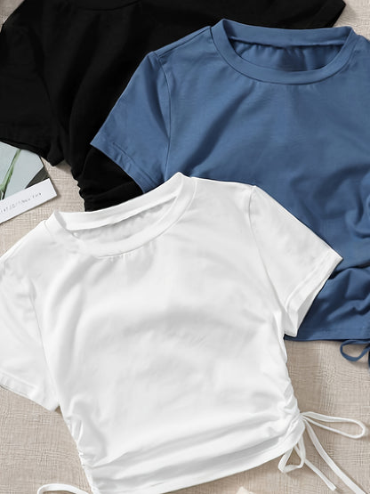 3 Pack Drawstring Crew Neck T-Shirt, Casual Short Sleeve T-Shirt For Spring & Summer, Women's Clothing