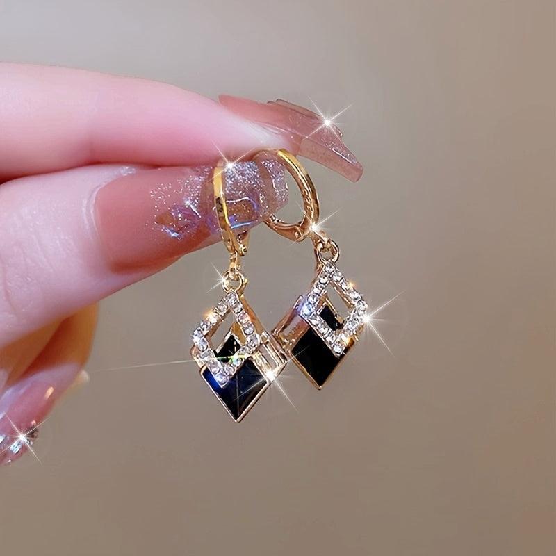 Elegant Vintage-Inspired Geometric Rhombus Drop Earrings with Crystal Accents, Zinc Alloy Dangle Earrings with Copper Ear Needle, Suitable for Daily and Party Wear - Pair