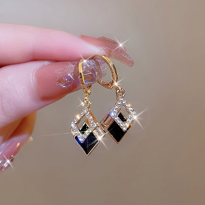 Elegant Vintage-Inspired Geometric Rhombus Drop Earrings with Crystal Accents, Zinc Alloy Dangle Earrings with Copper Ear Needle, Suitable for Daily and Party Wear - Pair