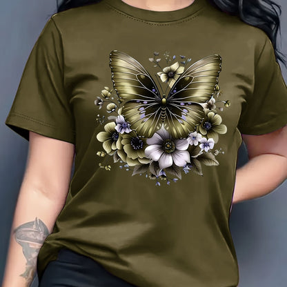 Women'S Floral Butterfly Print T-Shirt, Short Sleeve Crew Neck Casual Top for Spring & Summer, Vibrant Green with White & Blue Flowers, Perfect Birthday or Holiday Gift, Everyday Fashion | Vibrant Casual Top | Glossy Texture