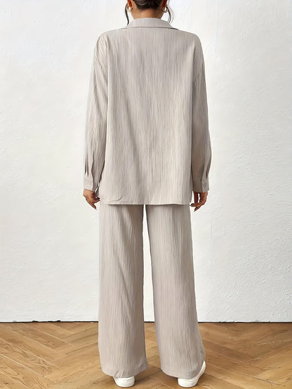 Women'S Casual Solid Color Long Sleeve Shirt + Long Pants 2pcs Set for Spring And Autumn.