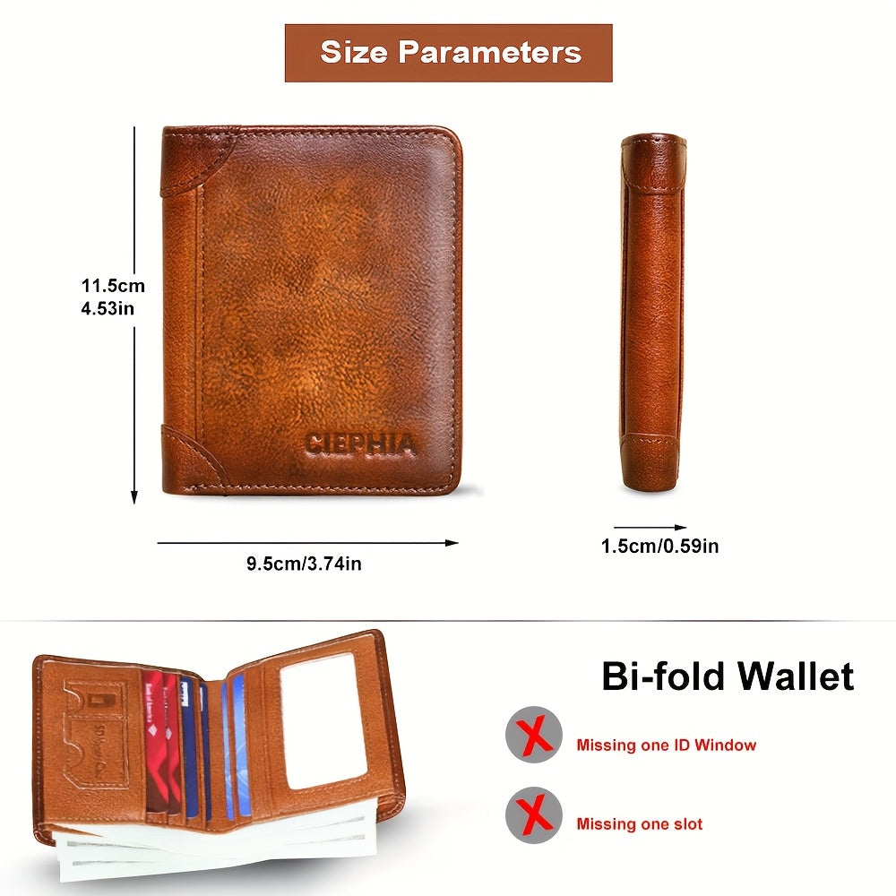 1pc CIEPHIA Vintage Genuine Leather RFID Blocking Wallet for Men - Slim, Multi-Functional ID & Credit Card Holder, Deep Brown with Embossed Logo, Ideal Gift for Valentine's Day