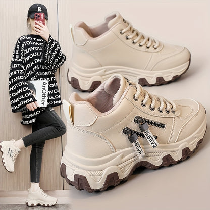 Women's White Platform Sneakers - Chunky Platform Shoes with Cushioned PVC Sole, Lace-Up Low-Top for Everyday, Travel, Office - All-Season Synthetic Cover - Leg-Lengthening Design, Ladies Sneakers, Travel Footwear, Chunky Sol