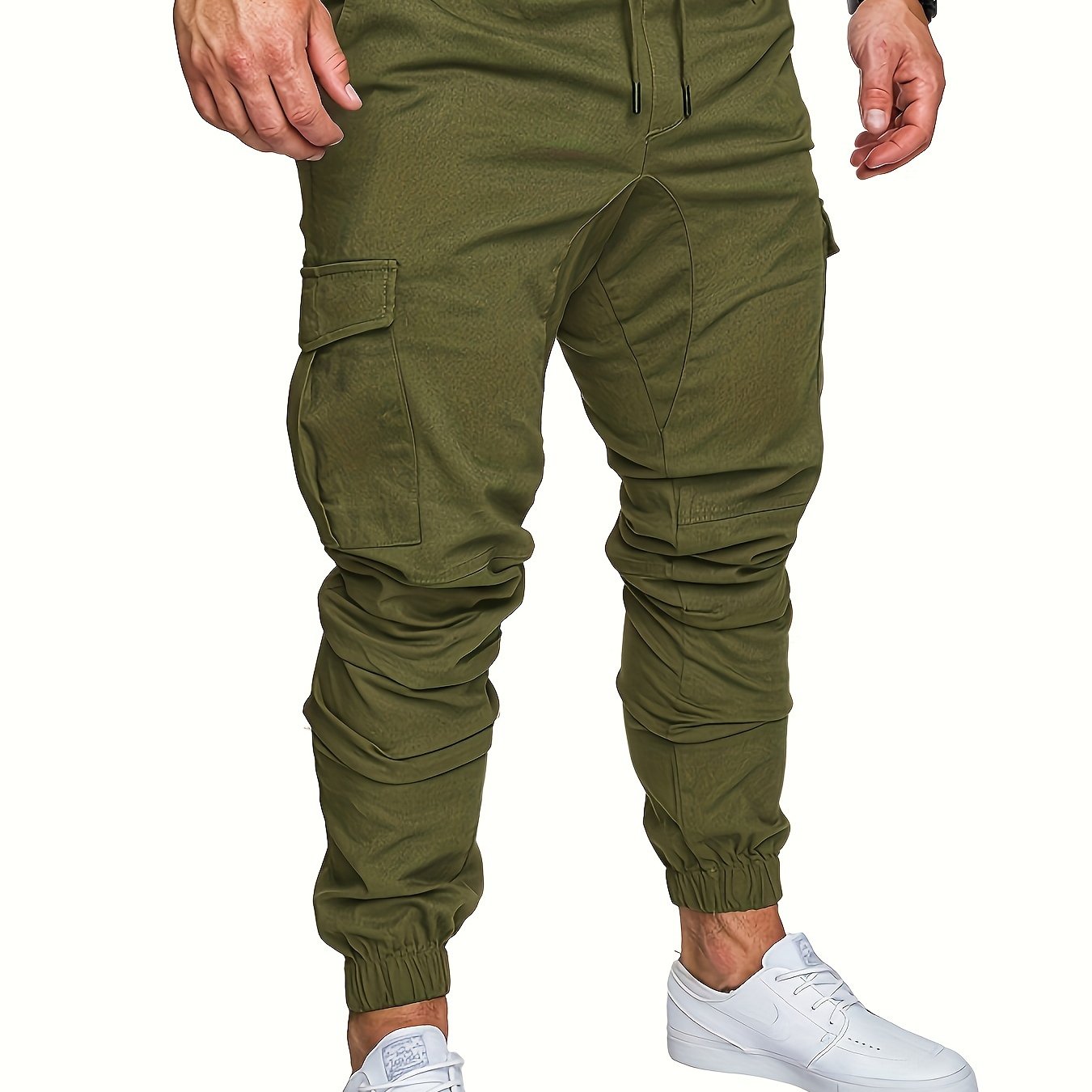 Men'S Casual Cargo Pants, 95% Cotton 5% Spandex, Skinny Fit, Solid Color, Long Length, Woven Fabric, Non-Stretch, with Pockets, 215g/m² Weight