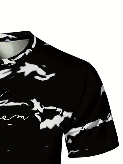 Men's High-Elasticity Anti-Tear Graffiti T-Shirt - Black & White Geometric Print, Tight-Fit Athletic Top for Gym, Running, Yoga & Casual Summer Wear, Gym Clothes, Highelastic Polyester, Short Sleeve Design