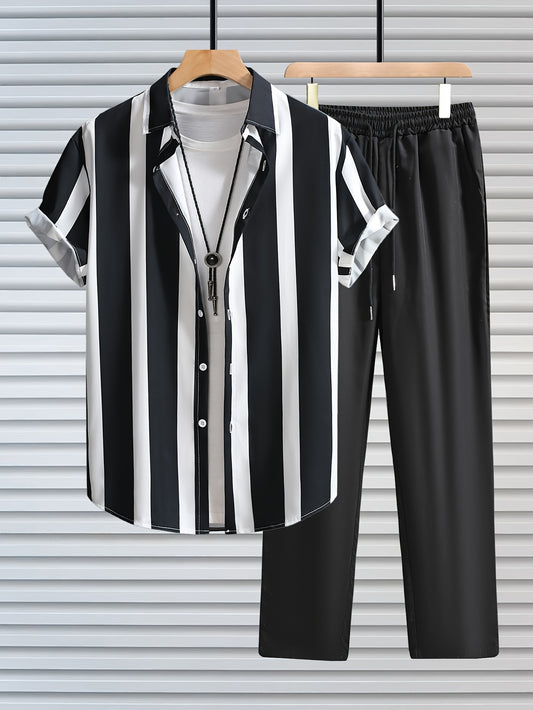 Men's Outfit, Casual Striped Lapel Short Sleeve Button Up Shirt & Drawstring Pants 2-piece Set For Outdoor Activities