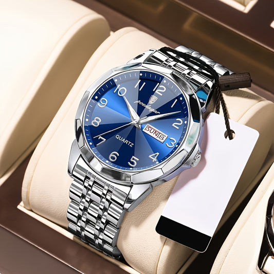 1pc BINBOND Men'S Fashion Watch, Luxury Dual Calendar Quartz Wristwatch, Business Style, Round Alloy Case, Stainless Steel Strap, Water-Resistant, Luminous Pointer Display, Battery Powered, Perfect for Valentine's, Christmas,