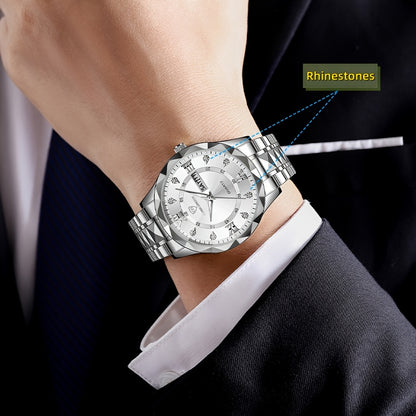 Men'S Quartz Business Watch with Rhinestone-Embellished Luminous Dial, Stainless Steel Strap & Case, Date & Day Display, IPX7 Water-Resistant - Ideal for Travel, Work, Outdoor - Perfect Gift for Birthdays, Holidays, Anniversa