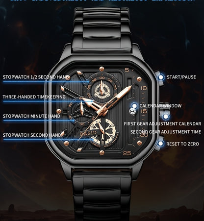 BASID Men's Elegant Square Analog Quartz Watch with Date Display & Stopwatch - Stainless Steel Strap, Black Dial - Casual & Dress Watch for Men, Unique Gift Idea, Versatile Wristwatch, Sleek Watch Design, Polished Finish