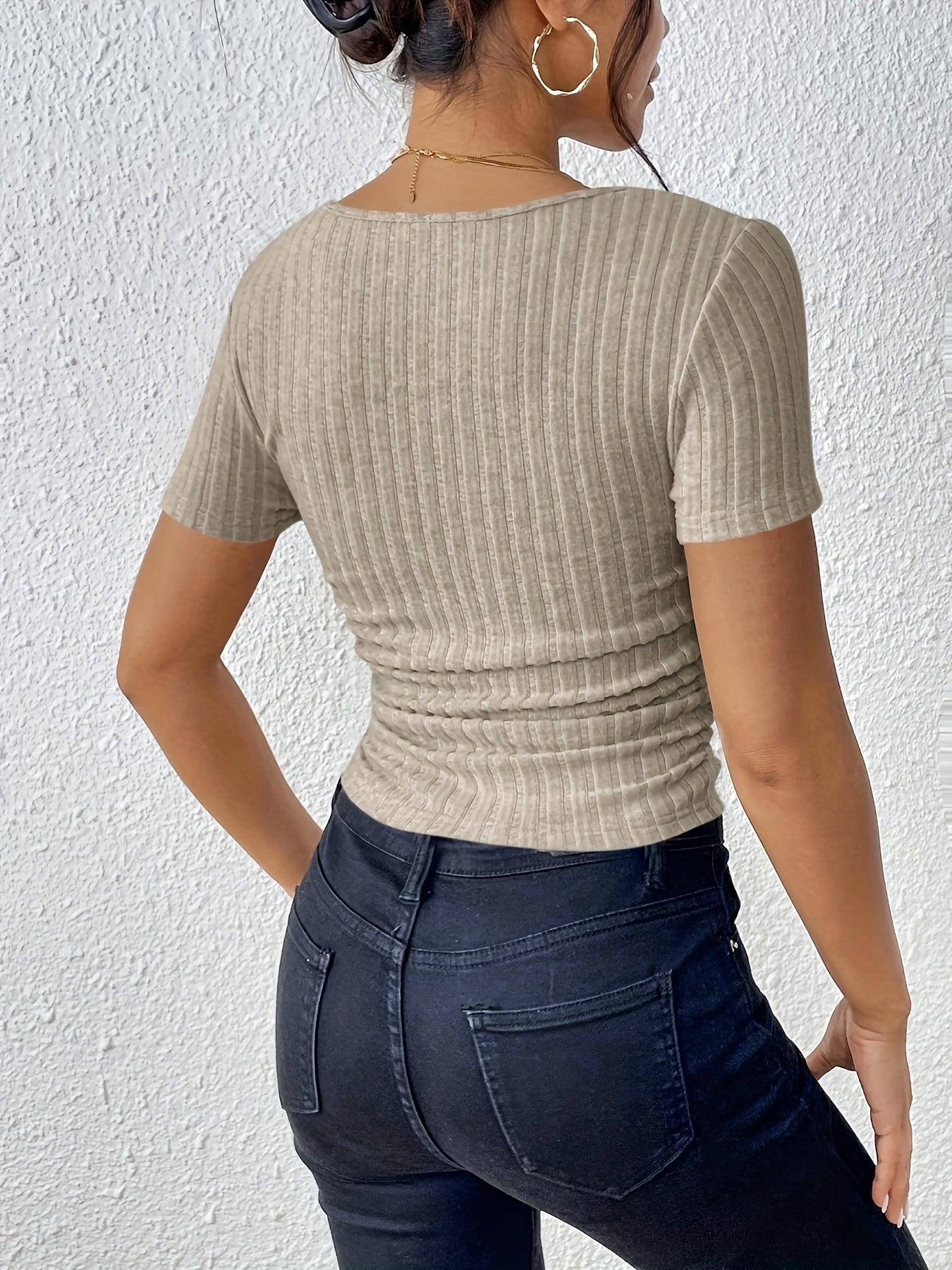 Elegant French Square Neck Ruched Side T-Shirt - Black, Stretchy & Machine Washable, Perfect for Spring/Summer, Casual Chic Style, Ladies T Shirts