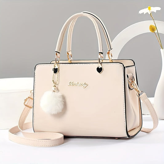 Solid Color Fashion Small Handbag with Pom-Pom Decoration, Multi-Layer Handbag for Wo, Suitable for Dating And Office Workers.