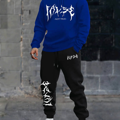 Durable Fabric, Men's Casual Sporty Hoodie and Jogger Set - Trendy Geometric Print, Blue and Black, Polyester Blend, Machine Washable, Perfect for Fall/Winter