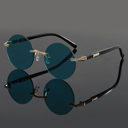 Unisex Round Frameless Glasses with Blue-Tinted Polycarbonate Lenses & Golden Accents - Lightweight Durable PC Frame for Casual, Party, Daily Wear - Perfect Graduation, Back-to-School, Christmas Gift