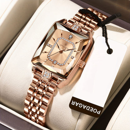 POEDAGAR Elegant Women's Quartz Watch - Rose Golden Stainless Steel, (3ATM), Square Dial with Gemstone Accents, Date Display, Luxury Fashion Accessory for Casual or Formal Occasions