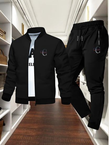 Men's New Fresh and Stylish "Calvin" Print Jacket Set, Autumn-Winter Sporty Comfortable Trendy Versatile Two-Piece Outfit